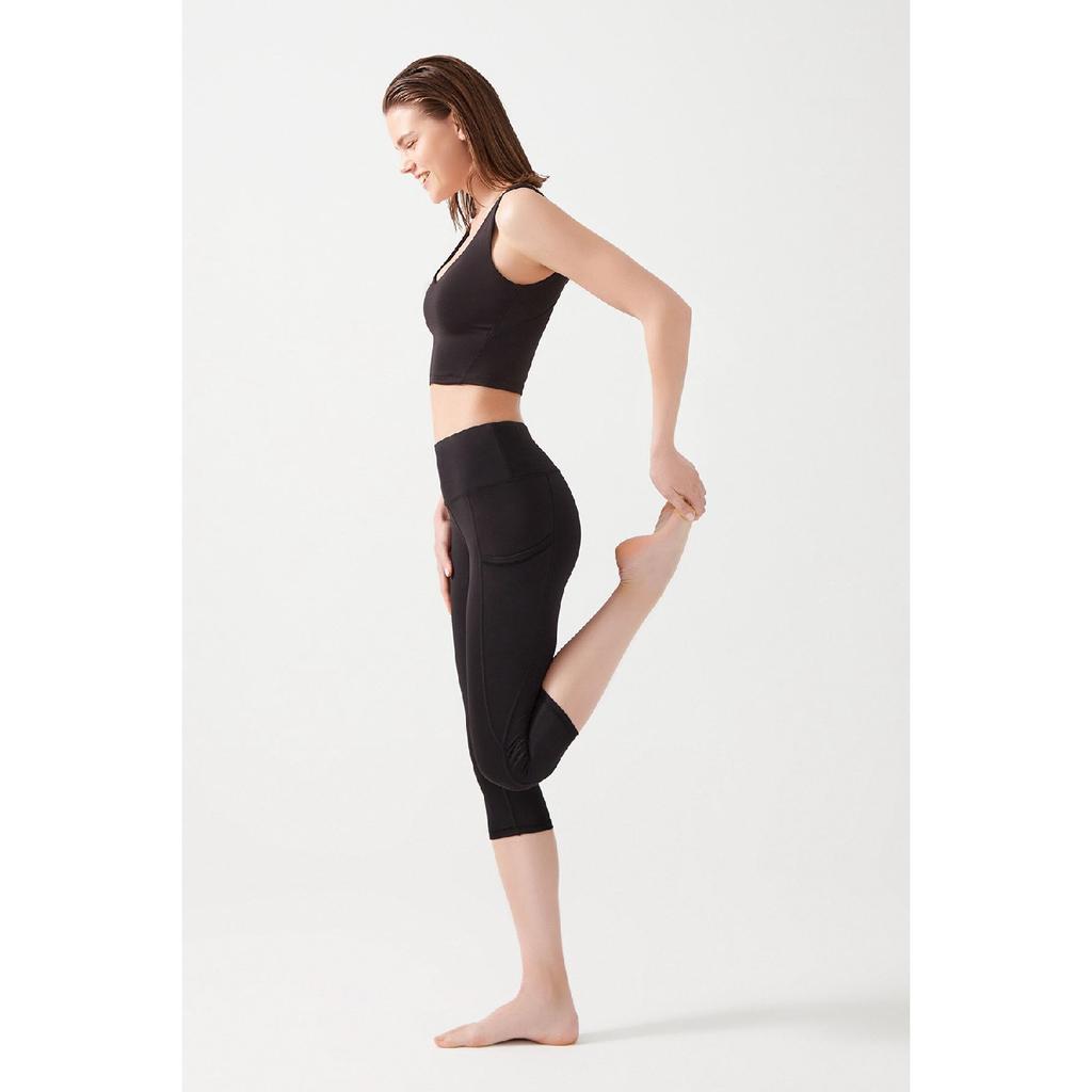 Женские черные леггинсы-капри длиной ниже колена с высокой талией и двойным карманом, капри