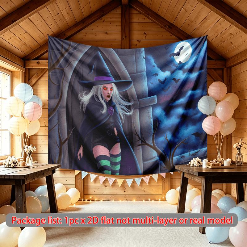 Home Moon Witch Halloween Banner for Party Decor, Polyester Backdrop for Photo Booth & Wall Art