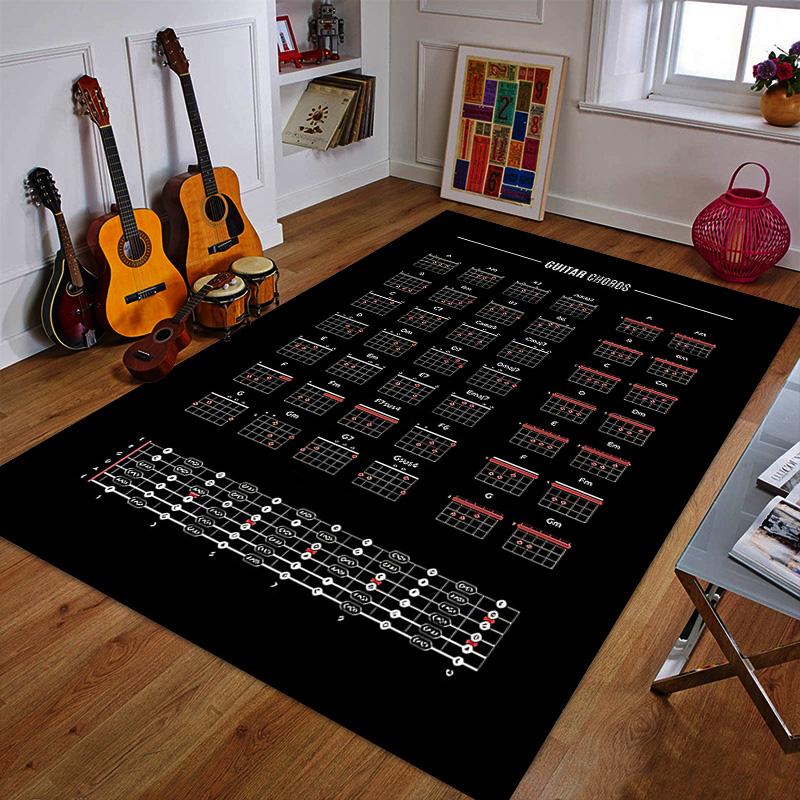 Guitar Chords Chart Design on Black Patterned carpet a non slip rug suitable for all seasons and any setting, gift
