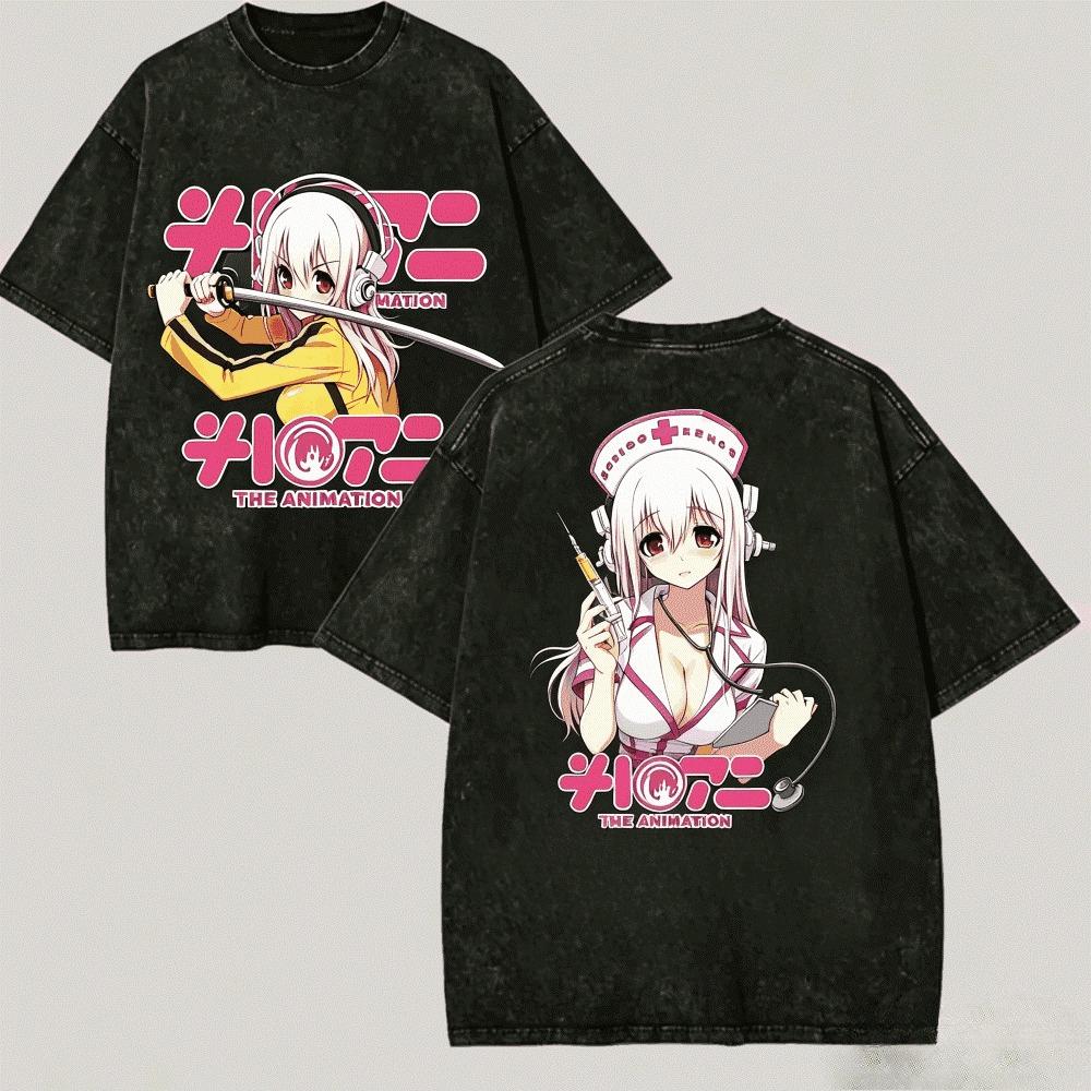 Аниме Графическая Футболка Super Sonico Винтажная Стиранная Манга Мерч Харадзюку Унисекс Оверсайз Круглый Вырез Хлопок Короткий Рукав Футболки Топы