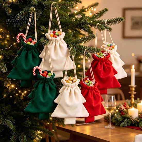 Gift Wrapping Bags for Christmas Tree Drawstring Presents Bag Reusable Plush Pouch Decorative Pendant Shaped Holiday Favors Bag Candy