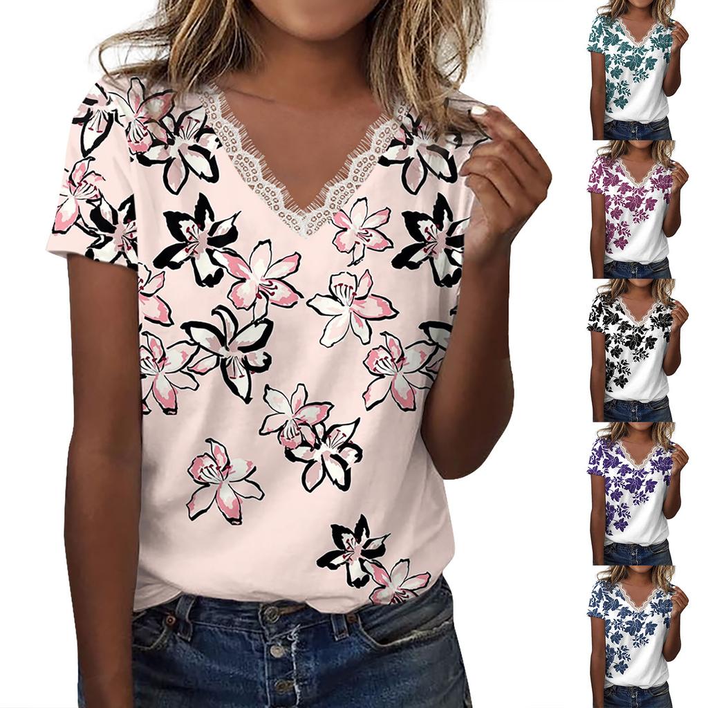 Women's Lace Short Sleeve Shirt V Neck T-Shirt Dressy Casual Tops Raglan Short Sleeve Lace Short Sleeve Panel Comfortable Cotton Top
