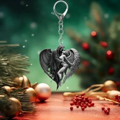 Ангелы и демоны обнимаются, акриловый брелок в форме сердца, 2D плоский брелок-подвеска, подходит для Рождества, Дня святого Валентина, ключей от машины, украшения для рюкзака