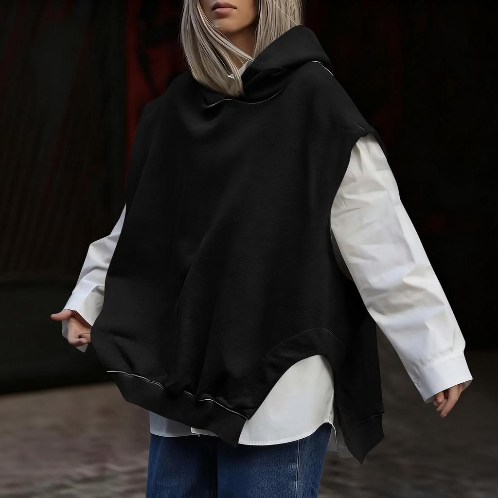 Women's Fashionable Solid Color Sleeveless Hooded Hem Asymmetrical Casual Pullover Vest Hoodie