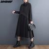Dimanaf New Autumn Style Women Shirt Dress Black Patchwork Mesh Fashion Loose Dress 2022 Long Cardigan