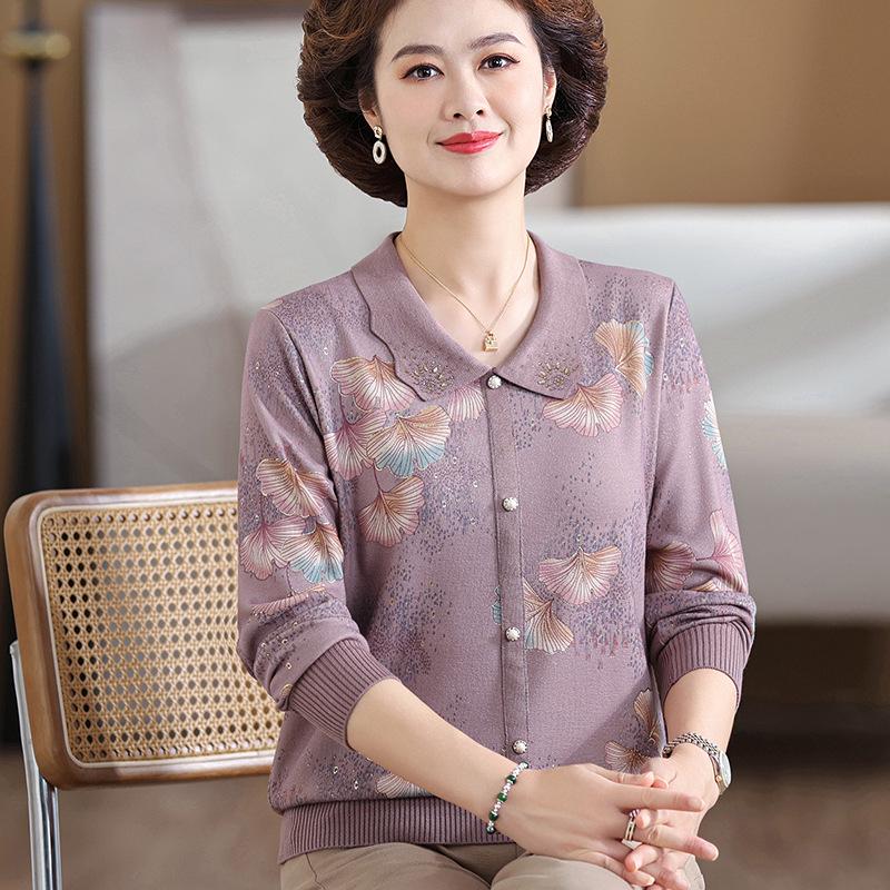 Женская осенняя вязаная футболка с принтом и лацканами - с длинным рукавом, свободная, модная, универсальная для женщин среднего и пожилого возраста