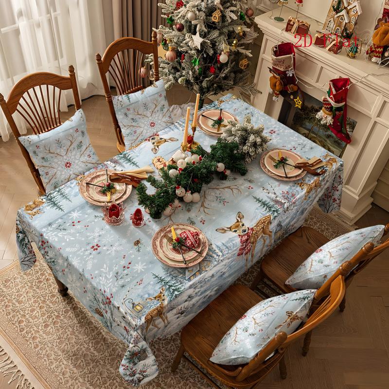 1pc Scandinavian Winter Tablecloth with Elk & Reindeer Print - Minimalist Frozen Stream Suitable for Christmas Party Table Cover, Rectangular Table De