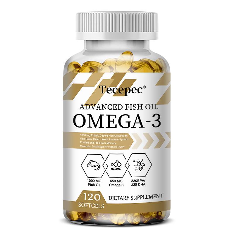 Premium fish oil 1000 mg, containing Omega-3, EPA and DHA, 3x concentrated, 120 capsules.