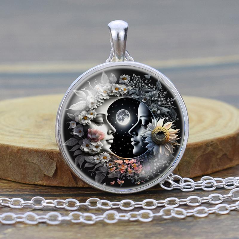 Moon and Sun Glass Cabochon Pendant, Moon and Sun Necklace, Moon Sun Jewelry for Women
