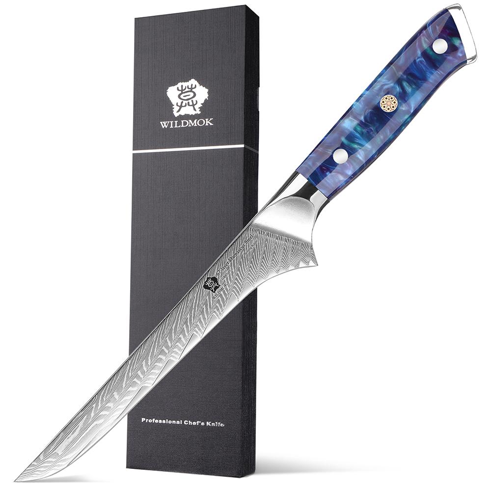 WILDMOK 7 Inch Kitchen Fillet Knife 67 Layers Damascus Steel Boning Knife with Blue Resin Handle