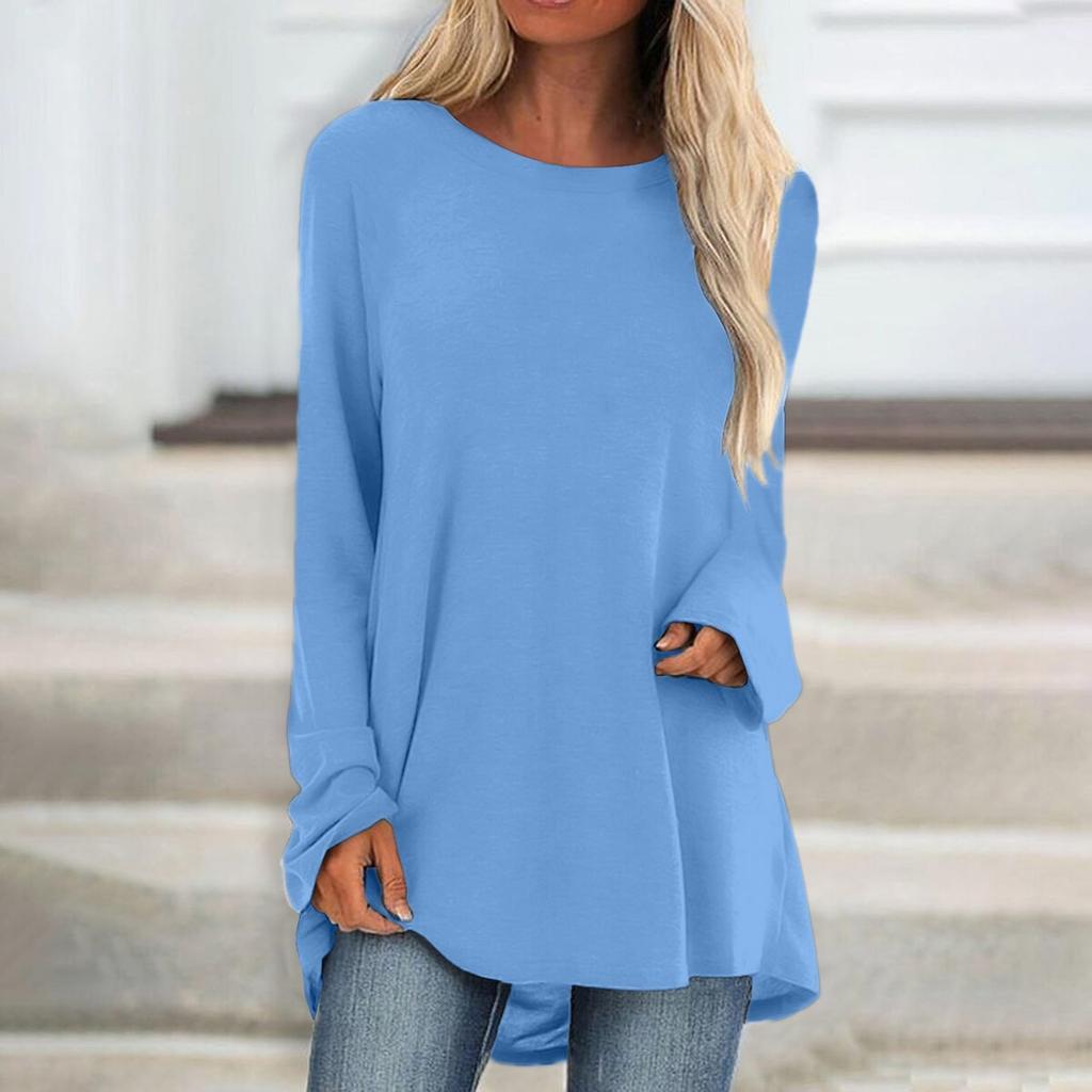 Женская модная повседневная футболка, однотонный топ с длинным рукавом и круглым вырезом, средний длинный топ