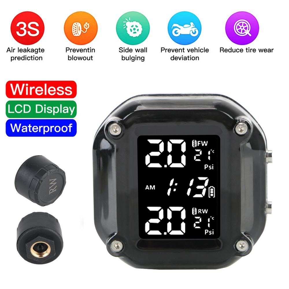 Wireless Motor Tire Pressure Monitoring Alarm System Motorcycle TPMS With 2 External Sensors LCD Display