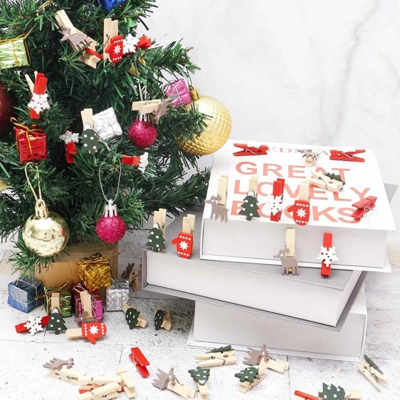 10pcs Mixed Christmas Wood Clips Christmas Tree Photo Clips Elk Gloves Snowflake Clothespins DIY Photo Pegs for New Year