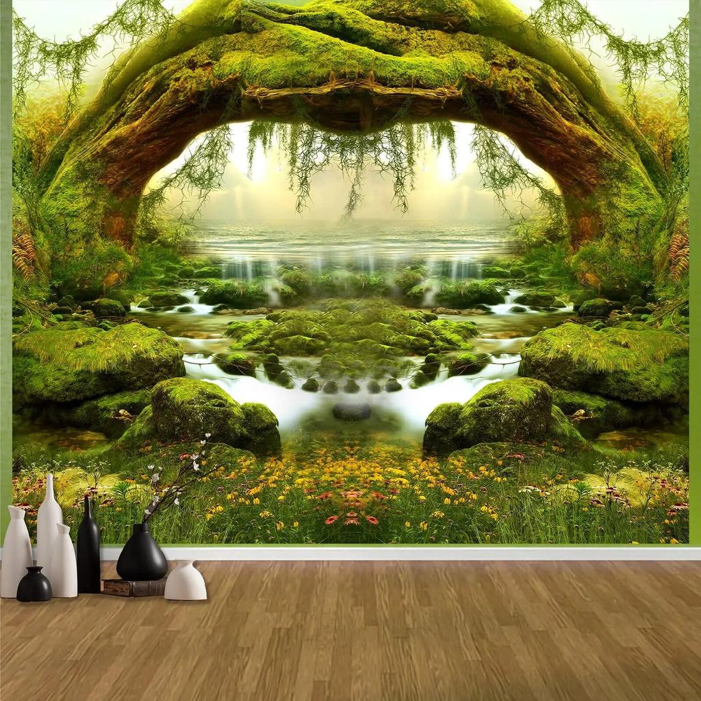 Fantasy Forest Landscape Tapestry Flowers and Plants Misty Tree Hole Tapestry Wall Art Hanging Cloth Room Home Decoration