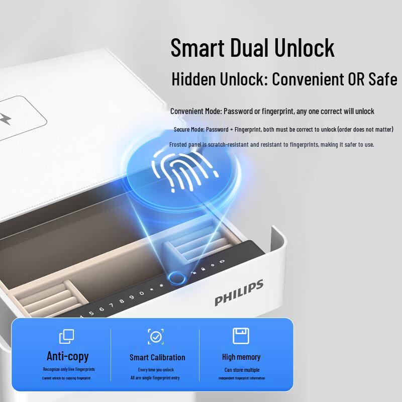 Philips SBX30/SBX301 Smart Home Safe with Fingerprint & Wireless Charging