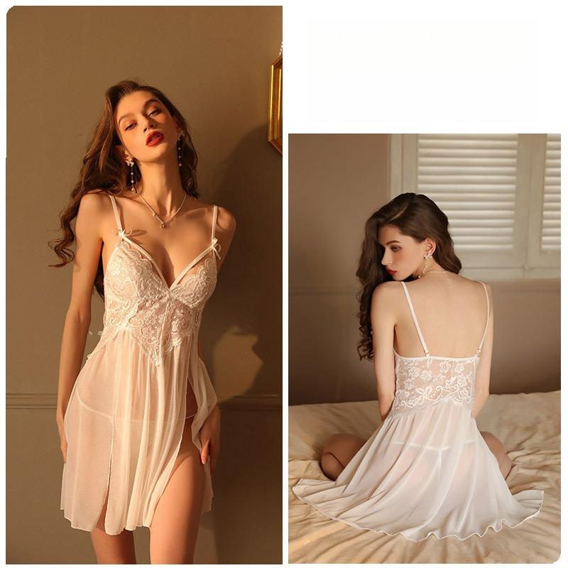 Сексуальный сетчатый кружевной комплект пижамы с глубоким V-образным вырезом, ночная сорочка-топ с разрезом сбоку, комплект из двух предметов для отдыха 311, полный кокетливый комплект для сна с соблазнительным дизайном с разрезом сбоку