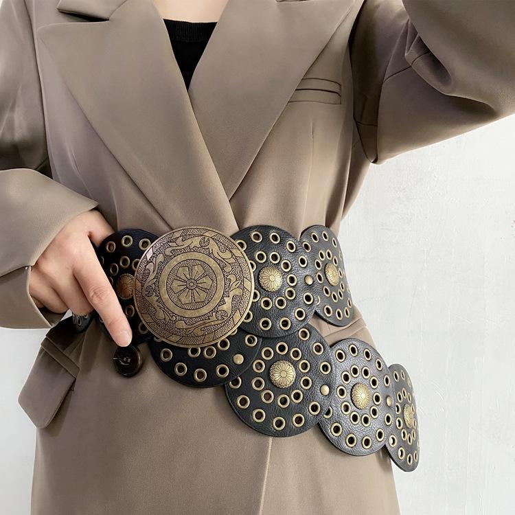 Ретро широкий пояс женский индивидуальный стиль вестерн джинсовый стиль круглый полый пояс украшение с юбкой талии уплотнение