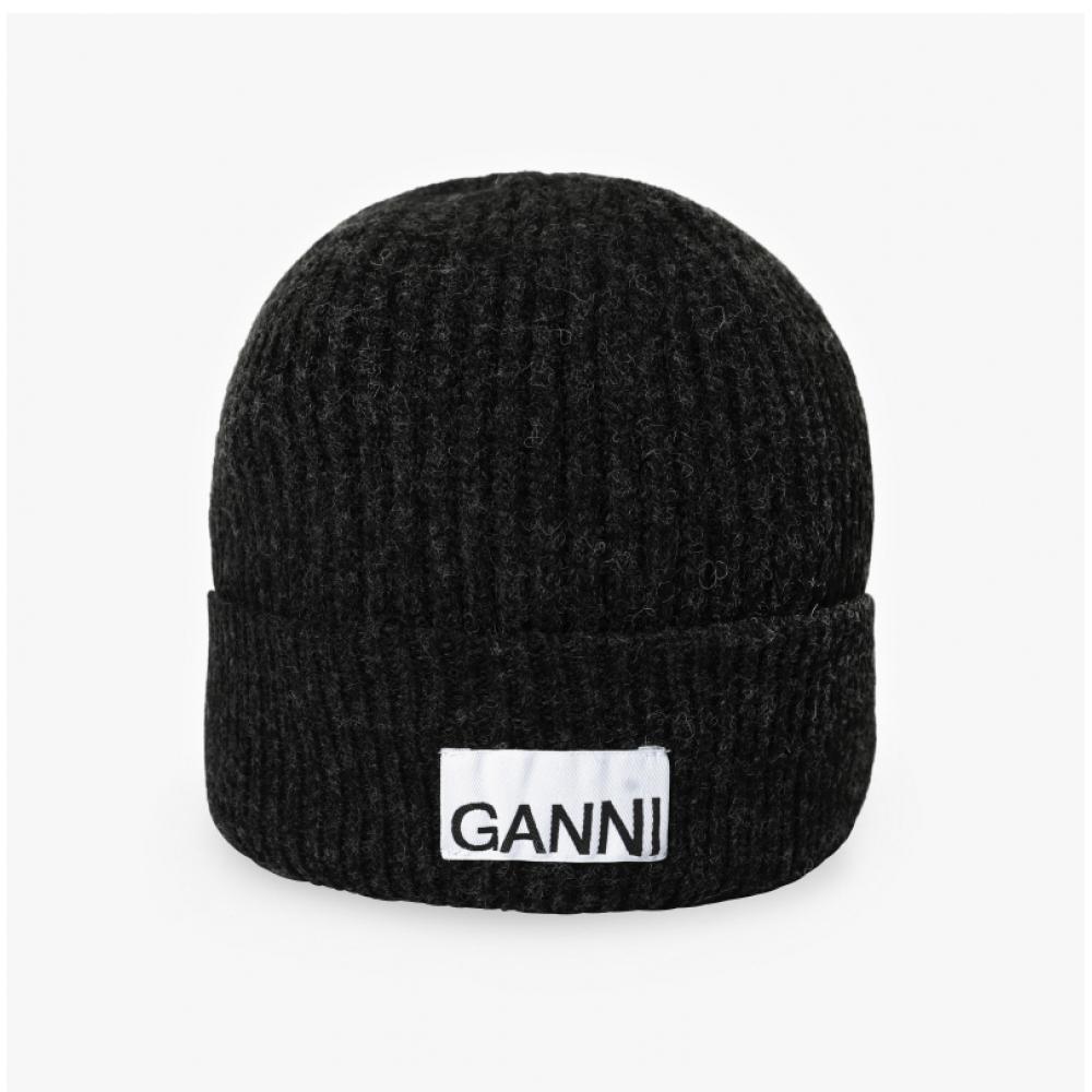 Ganni A5118 252 Шапка бини с логотипом, легкая, структурированная