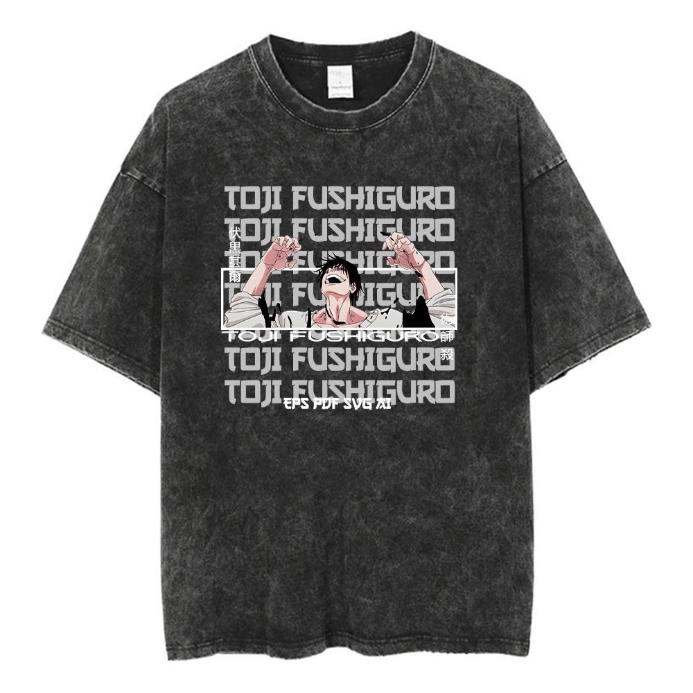 Мужская мода Уличная одежда Выстиранная черная футболка Японское аниме Графический принт Футболка Летний хлопок Оверсайз Топы Футболки