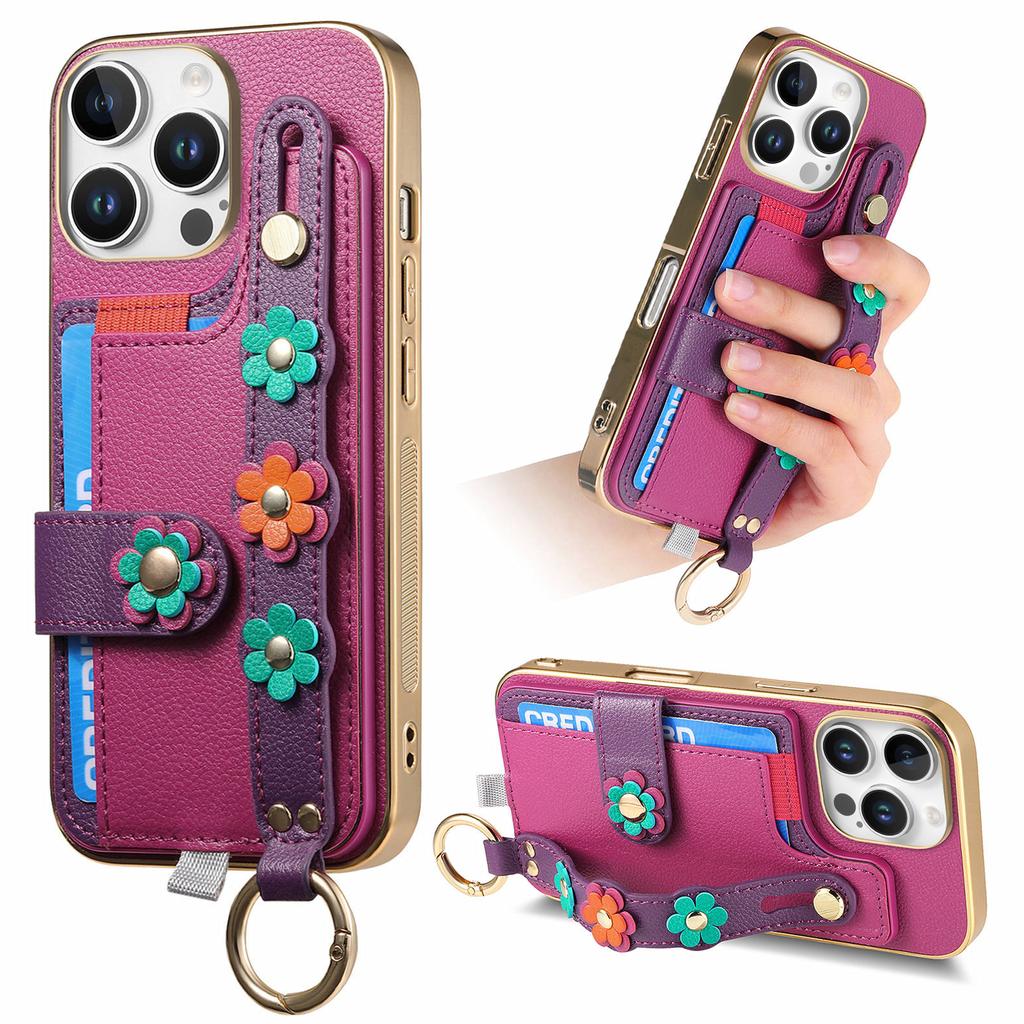Card Holder Ring Wrist Strap Leather Phone Case for iPhone 16 15 14 13 12 11 Pro Max Plus Protective Shockproof Cover