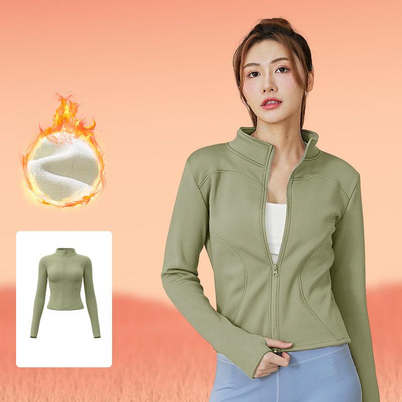 Зимняя высокая эластичная куртка для йоги персикового цвета, однотонная одежда, длинный рукав, флисовая плотная куртка для йоги, женская куртка на молнии для фитнеса и йоги