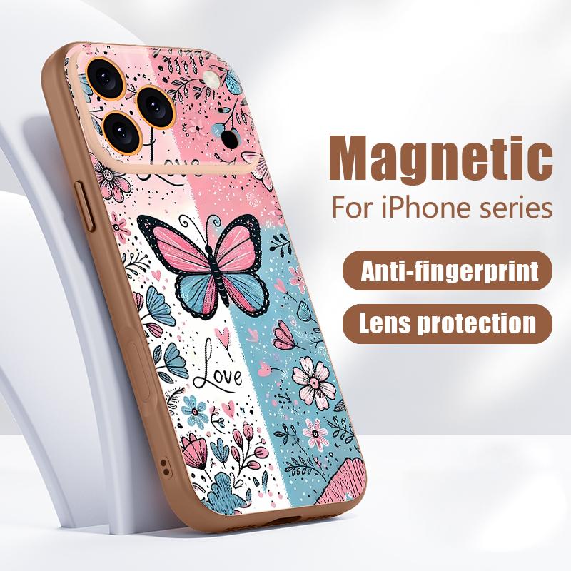 Blue Pink Butterfly Floral Pattern For iPhone 17 Pro Max Funda iPhone 16 15 14 13 Pro Max Skin Feeling Magnetic For Magsafe Shockproof Bumper Cover