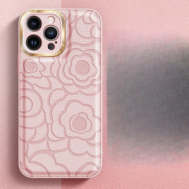 Advanced Sense Applicable To IPhone16ProMax Mobile Phone Case Camellia Leather Pattern Apple 15 Hardware Ring Protective Case 13