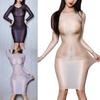 Womens Glossy See Through Dress Long Sleeve Stretchy Bodycon Dresses