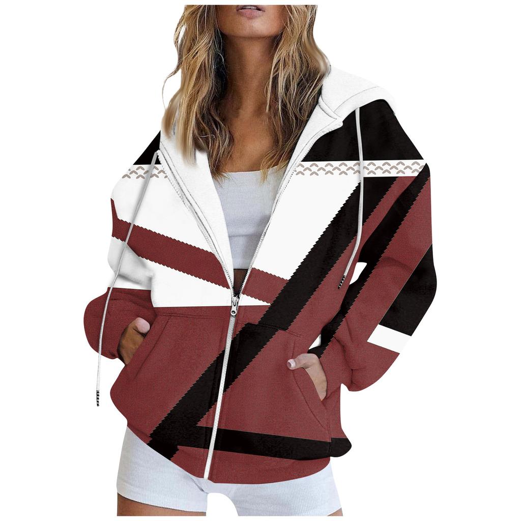 Women's Fashion Casual Printed Sweatshirt Autumn And Winter Long Sleeve Pocket Cardigan Jacket Zipper Hoodie Coat