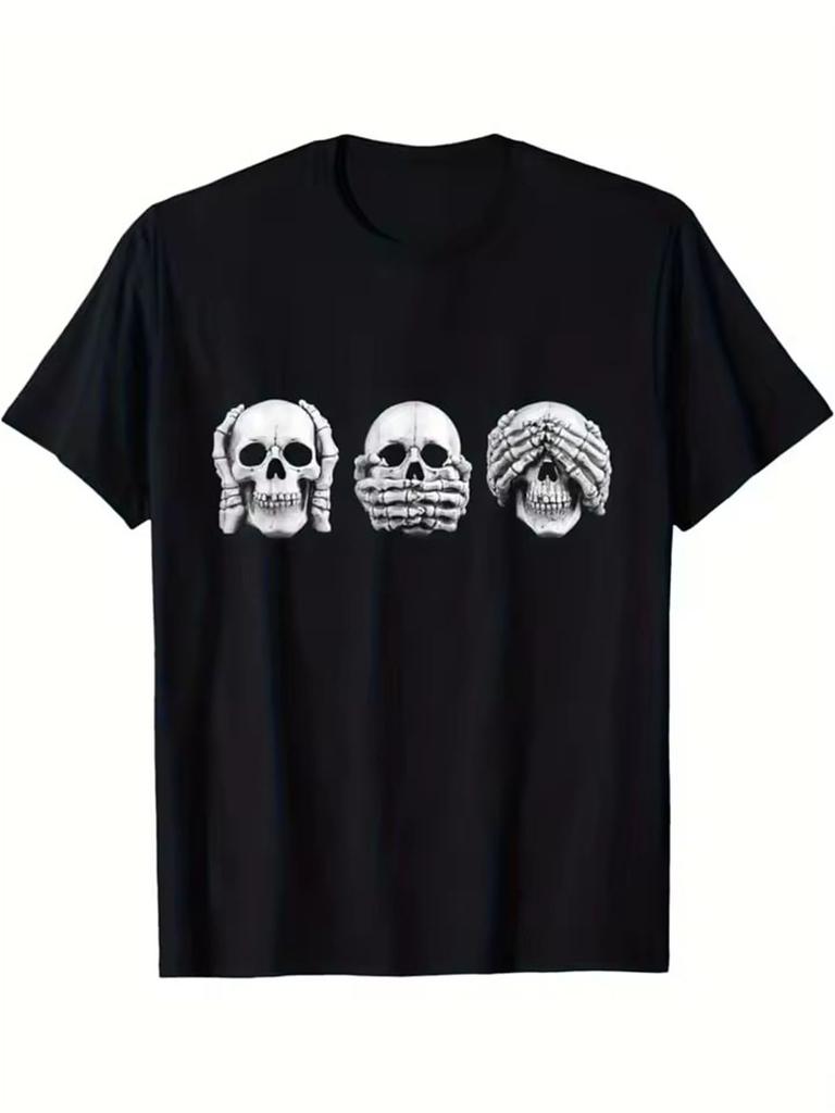 See No Hear No Speak No Evil Skulls Graphic Tee Unisexs Cotton Casual Round Neck TShirt