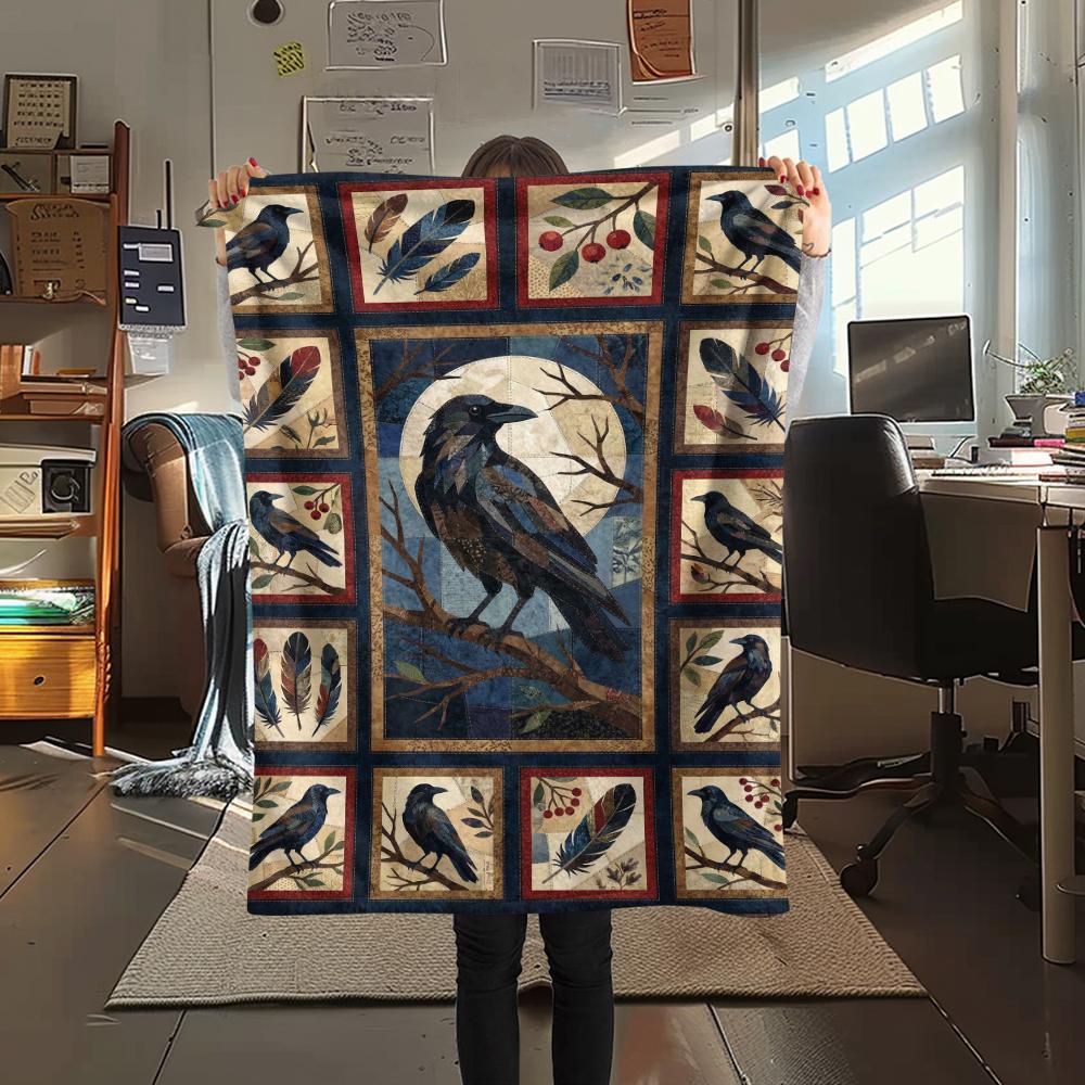 Crow Print Flannel Blanket, High quality Comfortable for All Seasons, Home Decor, Warmth and Comfort, Perfect for Christmas Gifts47