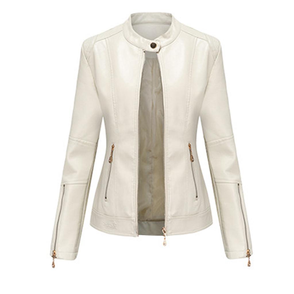 Женская тонкая кожаная однотонная куртка с воротником-стойкой и застежкой-молнией