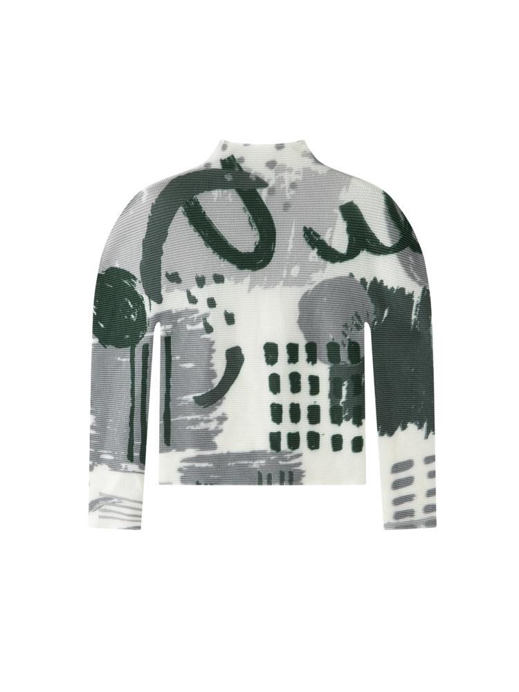 Женская футболка с высоким воротником и длинным рукавом Miyake Pleats - Весна/Лето 2026, Абстрактный принт "Зерно кукурузы", Облегающий крой.