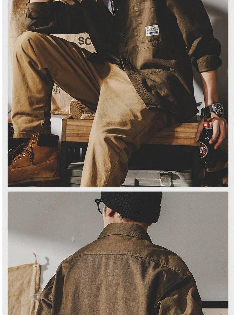 Men's Trendy Retro Khaki Denim Work Shirt - Loose Long-Sleeve