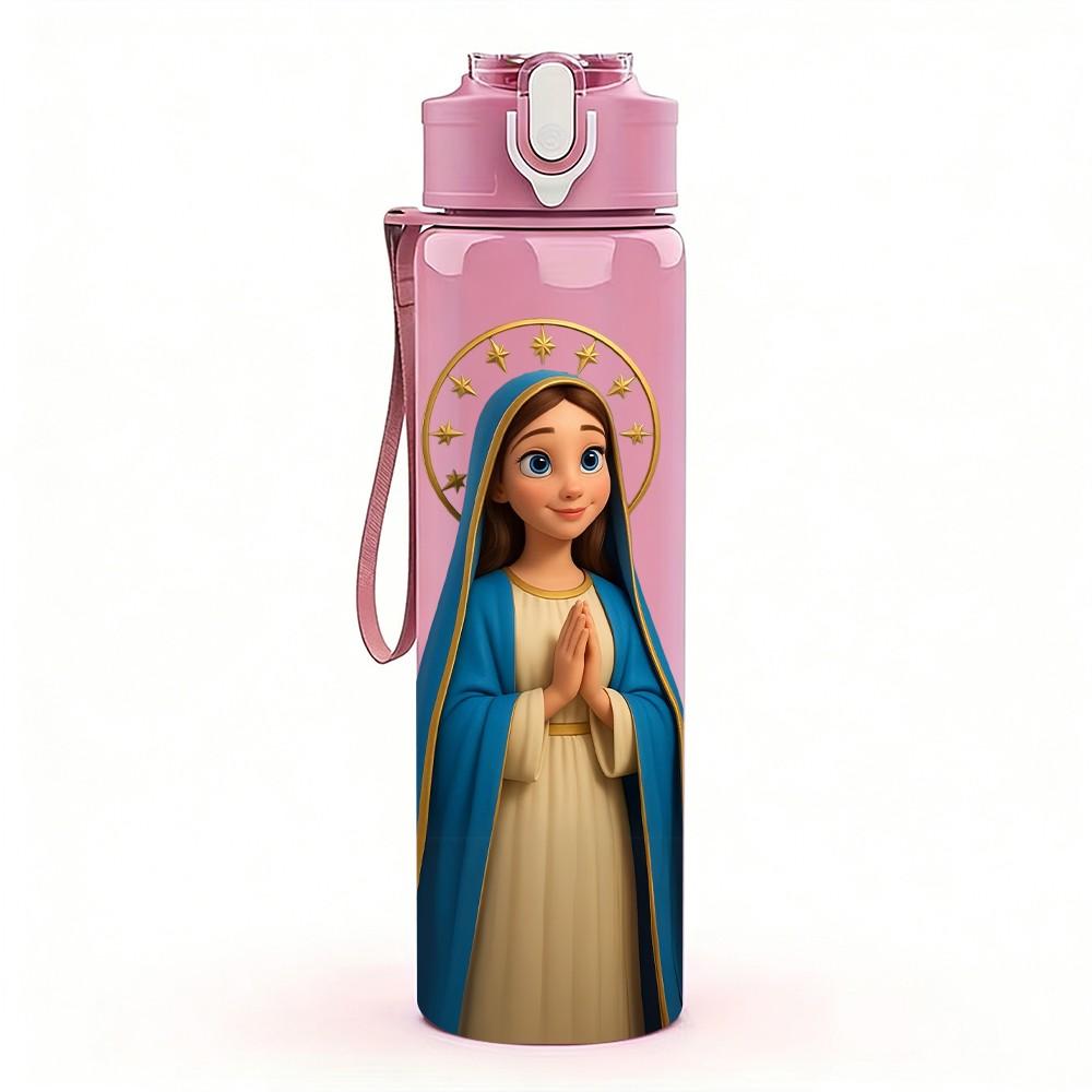 1PC Blue Robe Virgin Mary Religious Print 750ml Color Plastic Sports Water Bottle Leakproof Flip Straw Lid Suitable for Sports Office Home Use