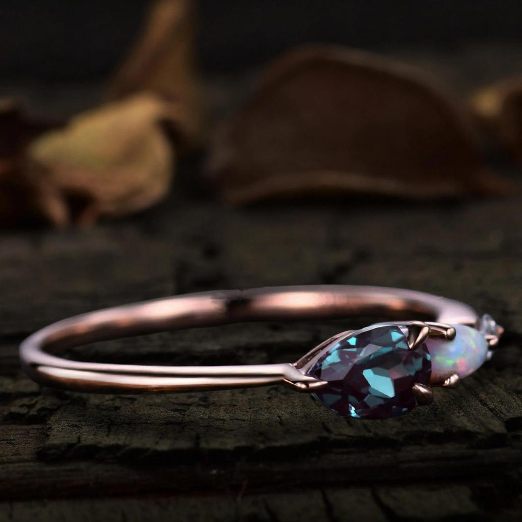 Vintage Pear Cut Alexandrite Opal Ring: Art Deco Cubic Zirconia Wedding Band: Rose Gold Plated 925 Sterling Silver Ring