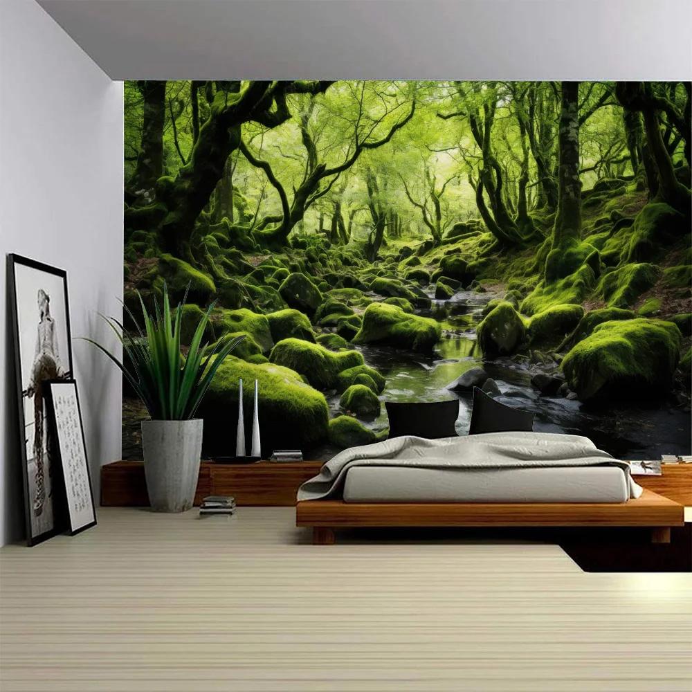 Green Jungle Tapestry Tropical Rainforest Background Wall Hanging Fabric Mural for Home Decoration Living Room Decor