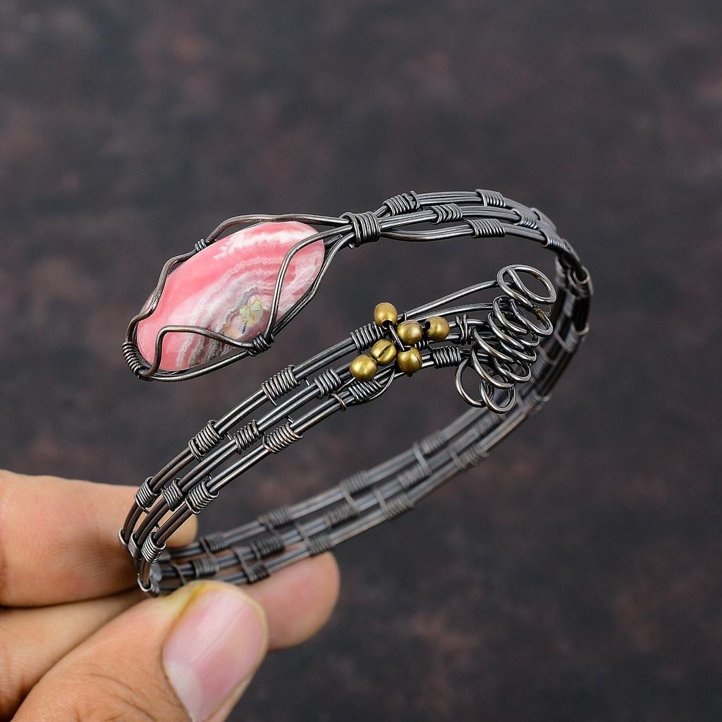 Браслет-манжета с родохрозитом, медная проволока, регулируемый браслет, антикварные ювелирные изделия ручной работы, браслет из настоящего драгоценного камня, ювелирные изделия из медной проволоки для подарка