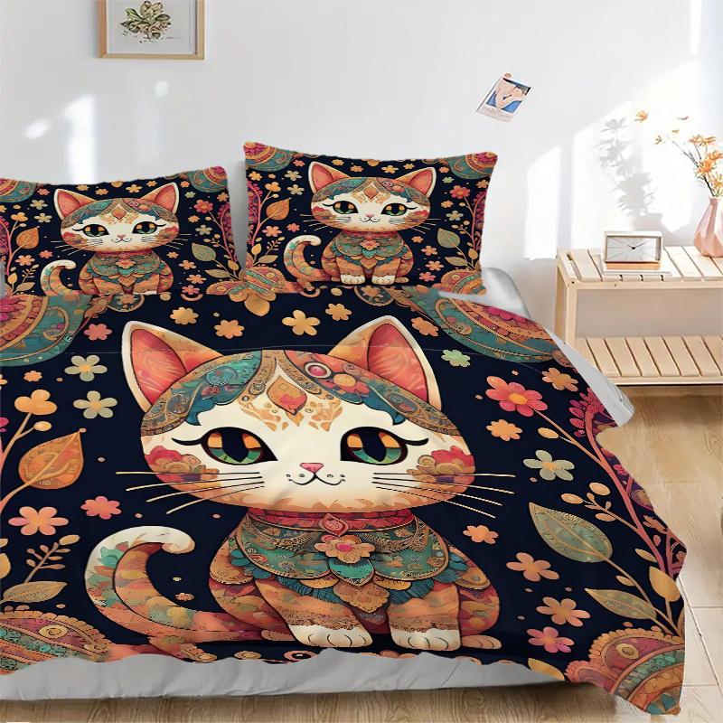 3pcs Ancient Cat Art Printed Bedding Set, Soft and Comfortable Quilt Cover for Bedroom, Guest Room (1 Duvet Cover + 2 Pillowcases, Pillow Co