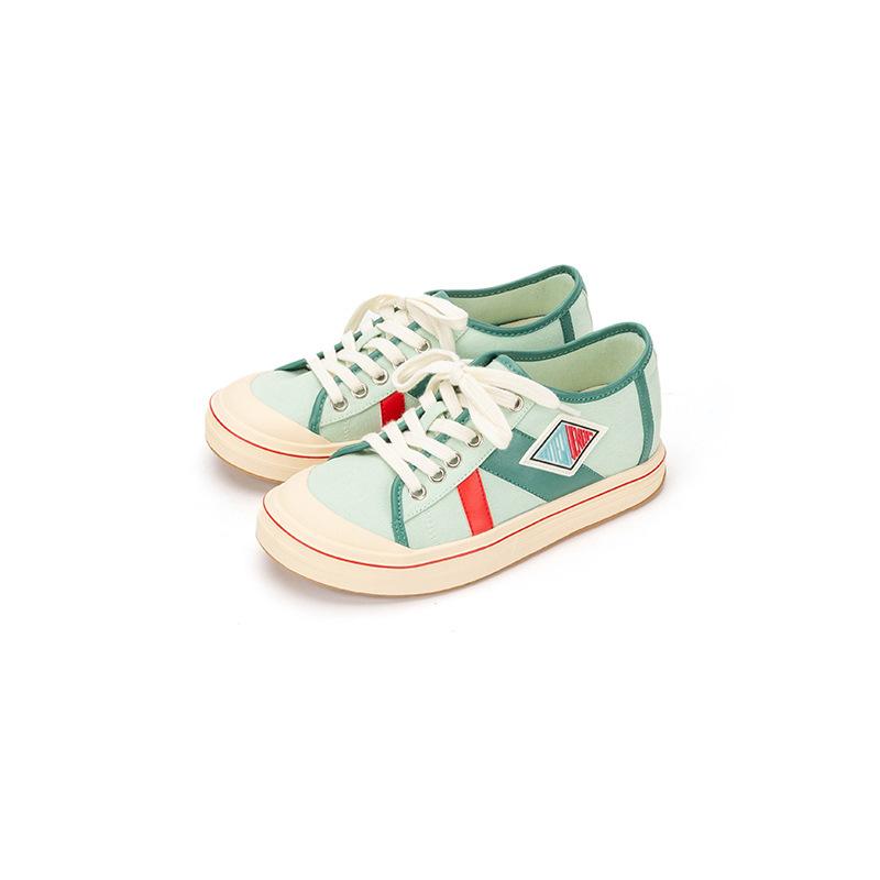 2025 лето ретро парусиновые туфли женские на плоской подошве контрастная цветная вставка повседневные кеды с низким верхом на шнуровке дышащие маленькие белые туфли