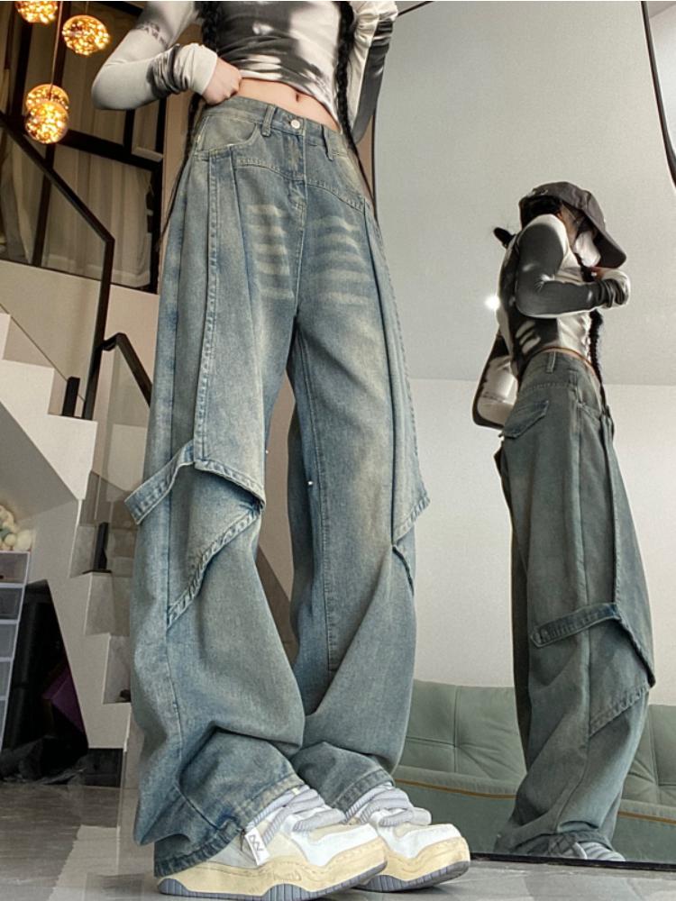 Blue American Vintage High Waist Chic Jeans Women Fashion Y2K Streetwear Wide Leg Pants Female 90s Deisign Sense Casual Baggy Denim Trouser