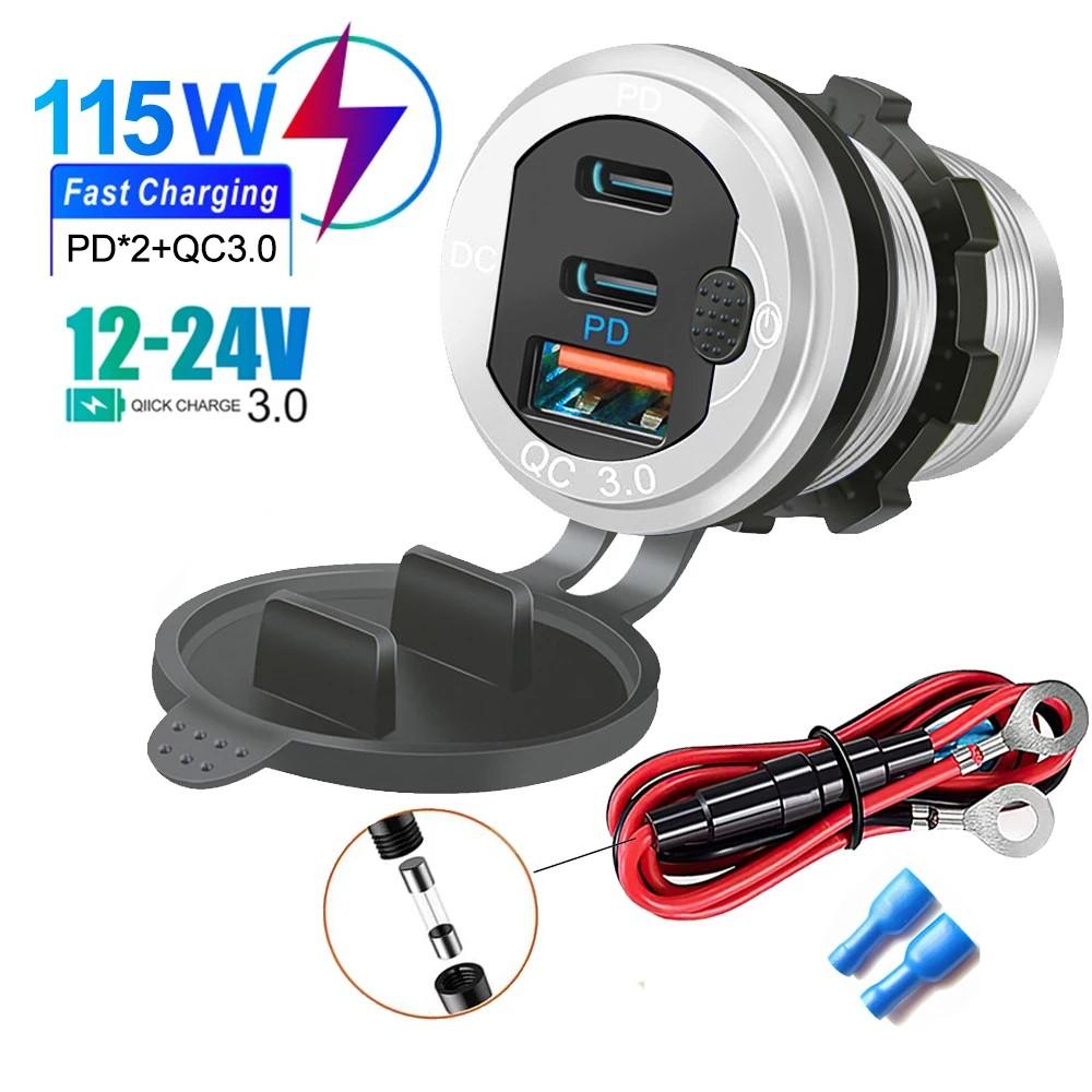 Новейшее автомобильное зарядное устройство QC 3.0 алюминиевое 12 В/24 В автомобильное зарядное устройство с 3 портами адаптер с переключателем PD Type C тройное быстрое зарядное устройство