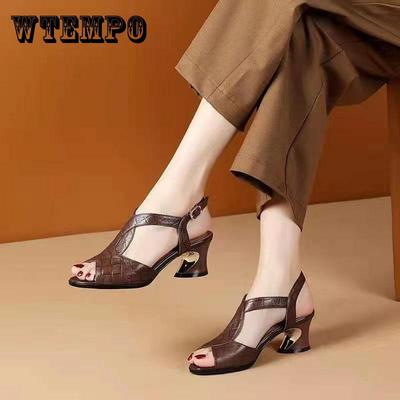 Женские босоножки на среднем каблуке из тисненой воловьей кожи с ремешком «рыбий рот». Летняя женская обувь на толстом каблуке с мягким ремешком на подошве.