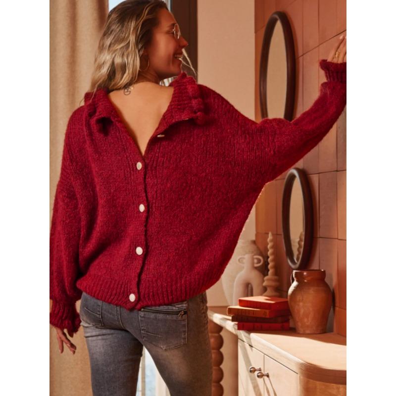 New Autumn and Winter American Casual Turtleneck Red Sweater Cardigan Simple Style Loose Knitted Top