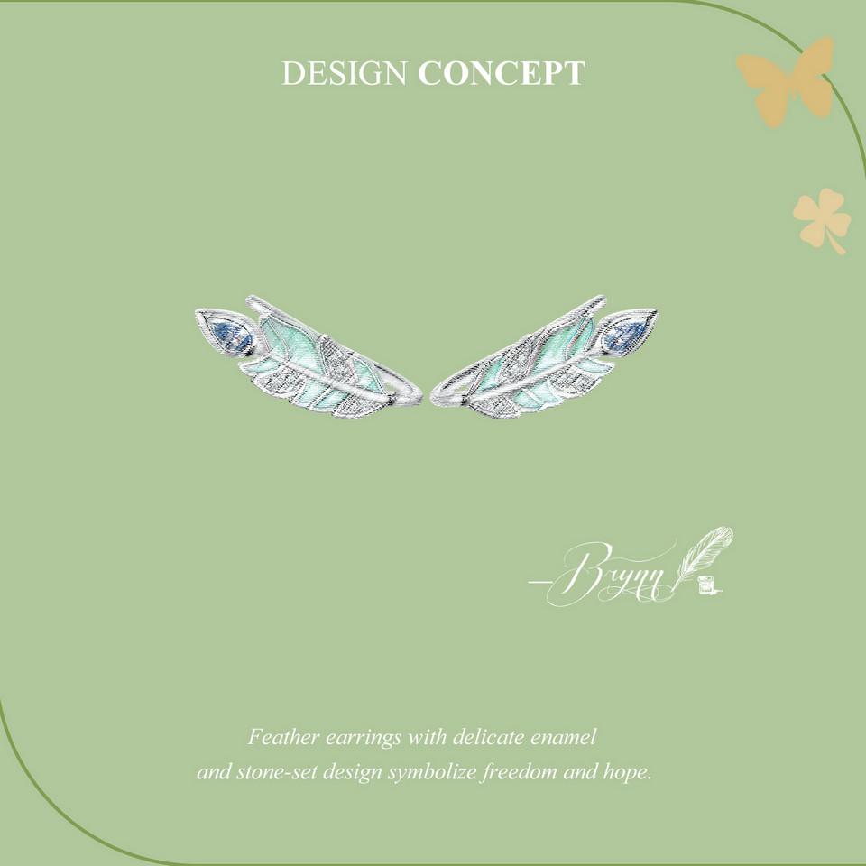 Женские серьги-гвоздики BAMOER из стерлингового серебра 925 пробы с мятно-зеленой эмалью и перьями, подарок на день рождения, изысканные ювелирные изделия