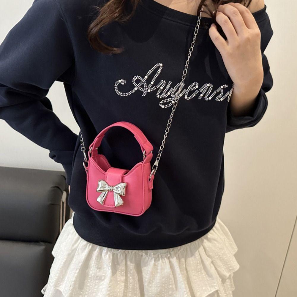 Pu Leather Bow Buckle PU Bag Mini Women's Shoulder Bag Simple Silver Bucket Bag Women