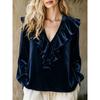 Women S Velvet V Neck Ruffle Elegant Long Sleeve Blouse Shirt