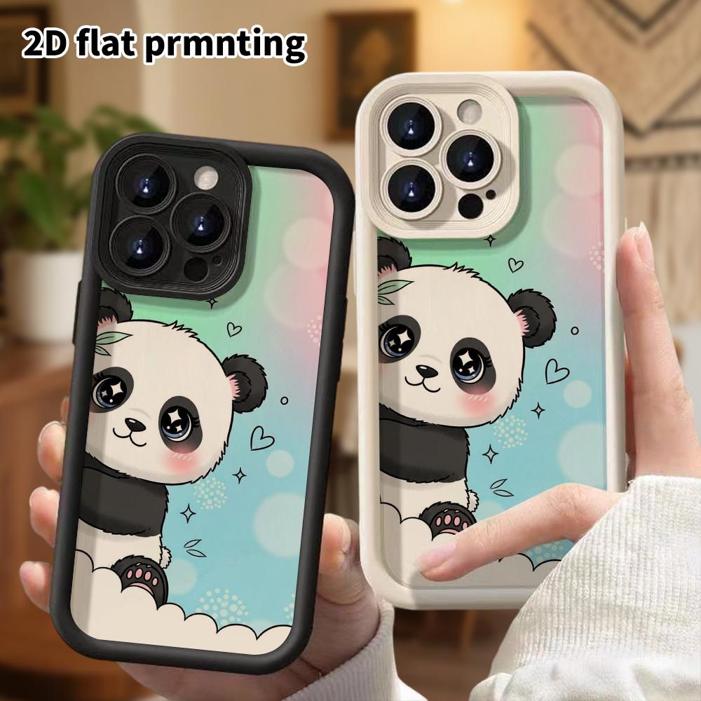 Phone case: 2D flat design suitable for iPhone 18 17 16 15 14 13 Pro step protection case, big eyed cute panda, Christmas and Halloween gift