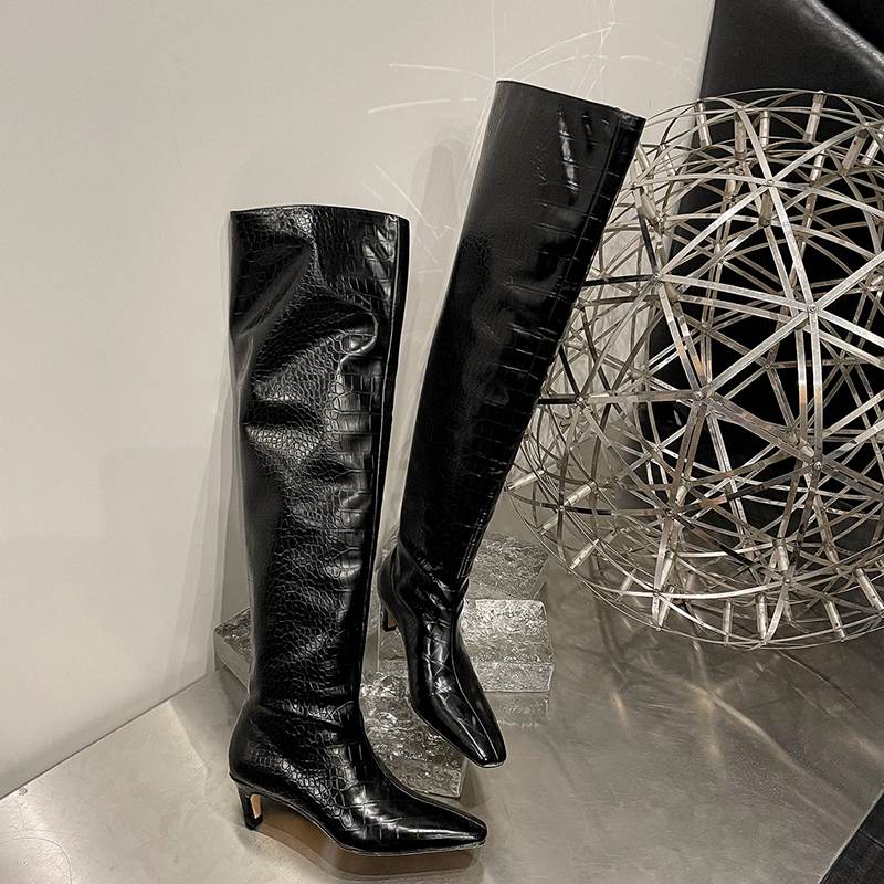 Krazing Pot Осенне-зимняя обувь из искусственной кожи, туфли без шнуровки на среднем каблуке с квадратным носком, женские сапоги до бедра со плиссированной отделкой и украшением