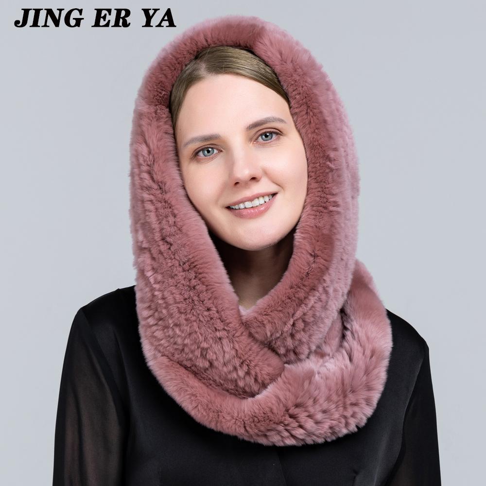 JINGERYA новая женская вязаная шапка с мехом кролика рекс, шарф с капюшоном, длинная зимняя теплая меховая шапка с шейным воротником, шарфы, шапка, шарф